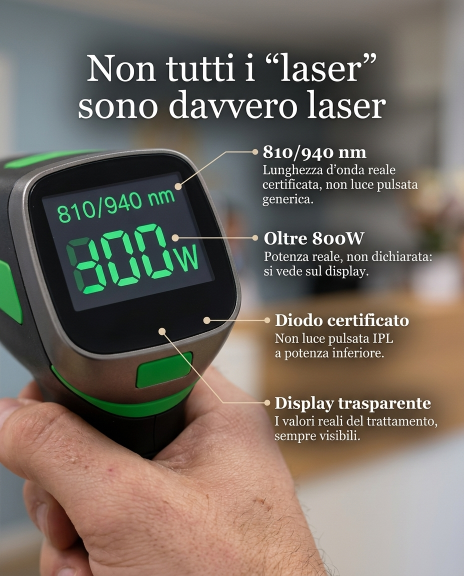 Display del laser MeDioStar NeXT PRO che mostra 810/940 nm e oltre 800W di potenza reale